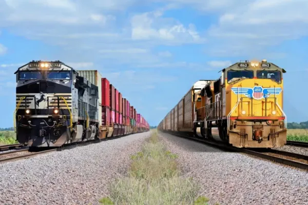 A Norfolk Southern train next to a Union Pacific train.